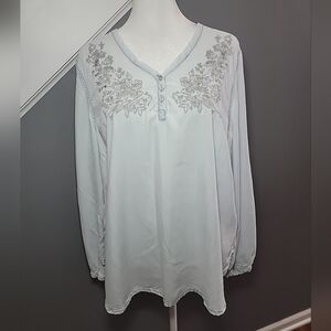 Chico’s Sequined Chambray Tunic Top Women’s Size L Pullover V-Neck Long Sleeves